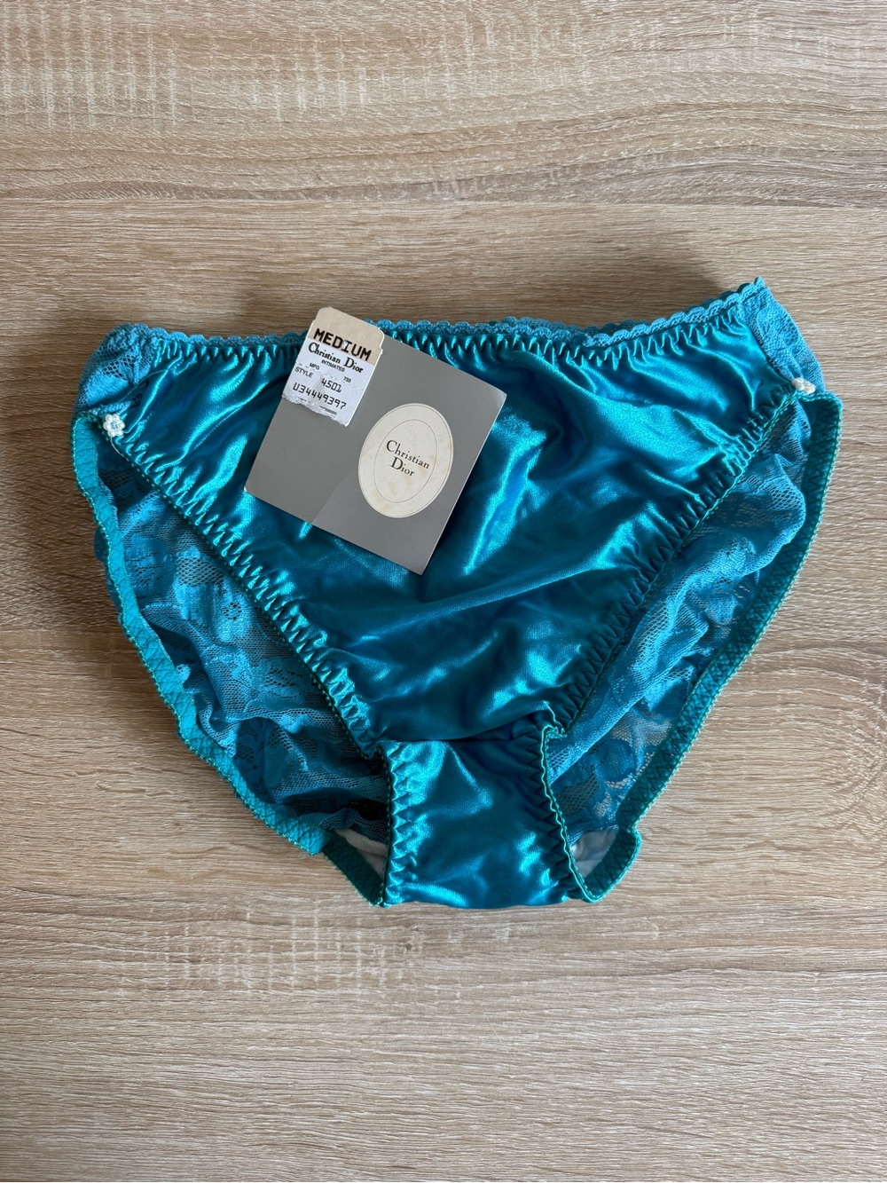 vintage Christian Dior teal satin and lace panties Sz M NWT